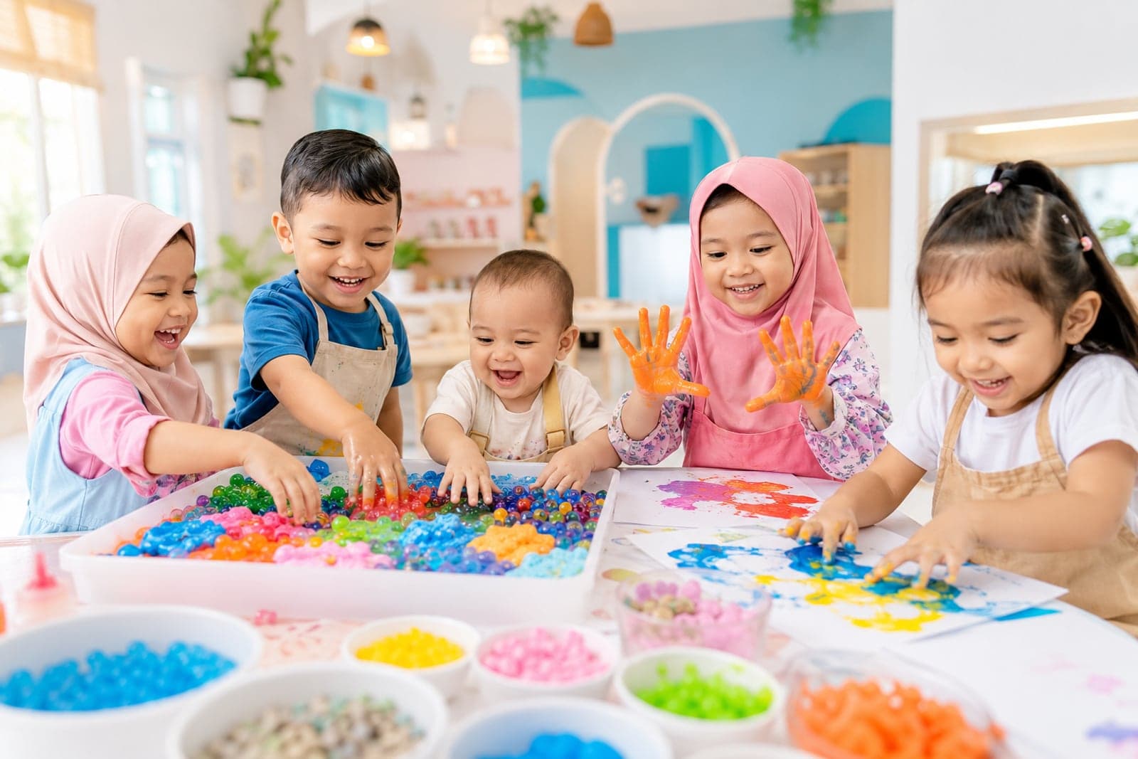 Kanak-kanak gembira bermain sensory play di MessyMates